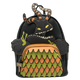 A black faux-leather mini backpack featuring a stylized Totoro design from Toy Story, with orange and green scalloped wings, yellow eyes, and a black-and-orange striped horn, shown on a white background with a Grotto Treasure Exclusive logo in the top left.