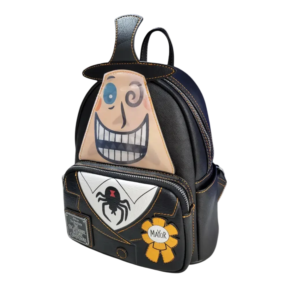 A black faux-leather mini backpack featuring a stylized Mayor from The Nightmare Before Christmas design, including a large smiling face on the front, a sheriff badge patch, and a yellow 'Mayor' ribbon. The Grotto Treasures Exclusive logo is visible in the top left corner.