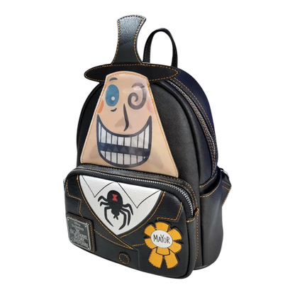 A black faux-leather mini backpack featuring a stylized Mayor from The Nightmare Before Christmas design, including a large smiling face on the front, a sheriff badge patch, and a yellow 'Mayor' ribbon. The Grotto Treasures Exclusive logo is visible in the top left corner.