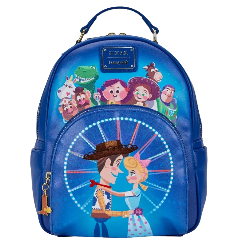 A blue Disney Toy Story mini backpack featuring character graphics and a large Woody and Buzz Lightyear illustration on the front pocket, shown against a plain white background.