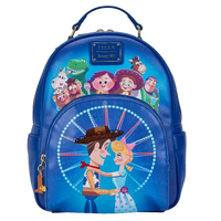 A blue Disney Toy Story mini backpack featuring character graphics and a large Woody and Buzz Lightyear illustration on the front pocket, shown against a plain white background.