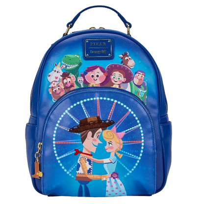 A blue Disney Toy Story mini backpack featuring character graphics and a large Woody and Buzz Lightyear illustration on the front pocket, shown against a plain white background.