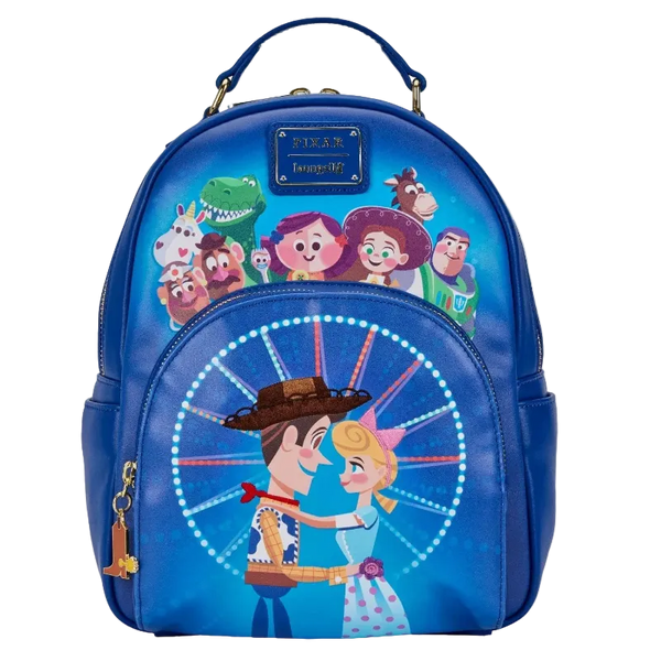 A blue Disney Toy Story mini backpack featuring character graphics and a large Woody and Buzz Lightyear illustration on the front pocket, shown against a plain white background.