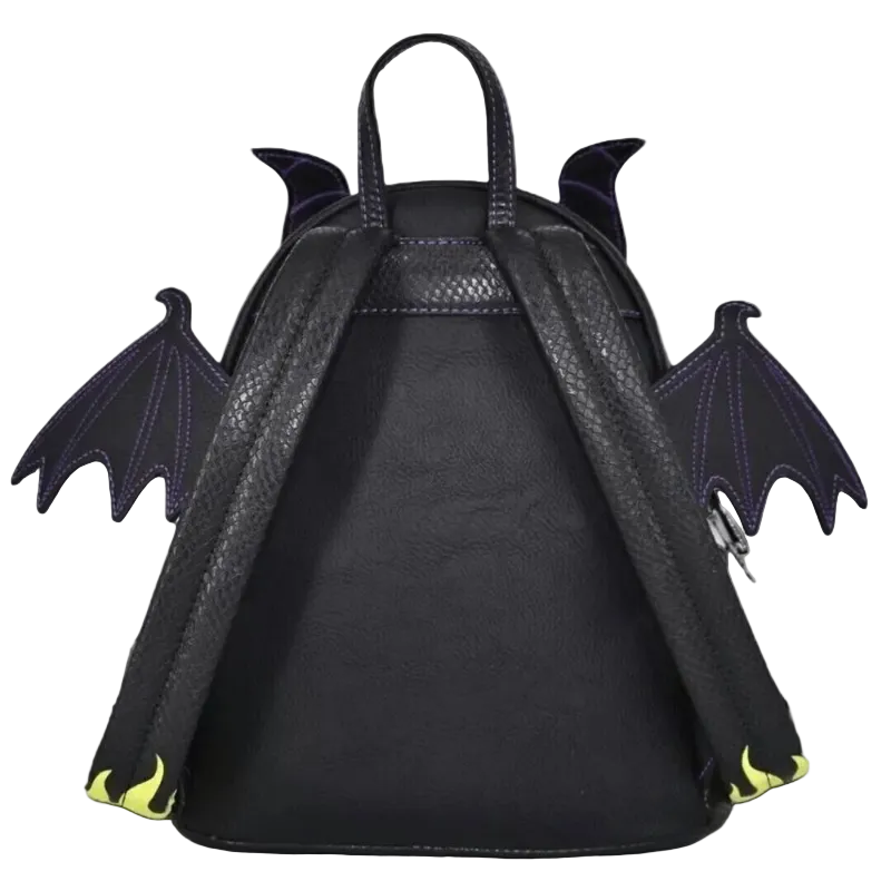 Black faux-leather backpack with dragon-inspired wing details on the sides, black padded shoulder straps, and small yellow accents near the strap ends, shown against a plain white background.