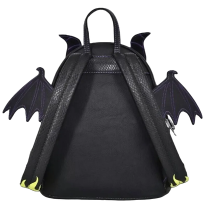 Black faux-leather backpack with dragon-inspired wing details on the sides, black padded shoulder straps, and small yellow accents near the strap ends, shown against a plain white background.