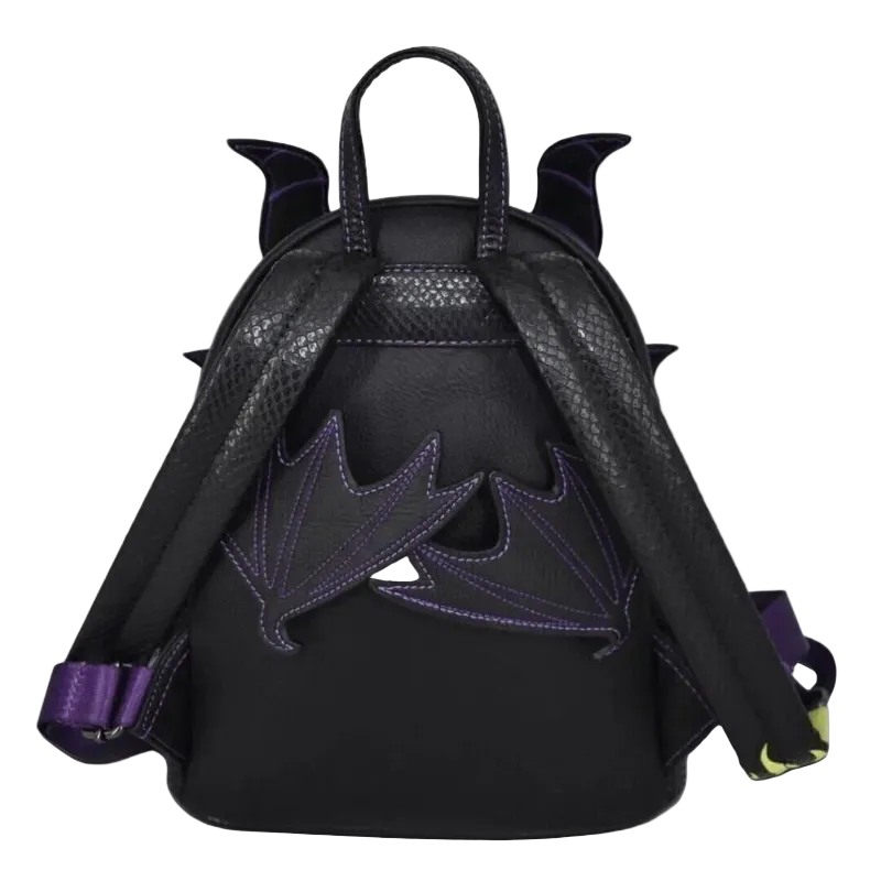 A black faux-leather backpack designed like a stylized dragon or bat, featuring textured shoulder straps, pointed ears on top, and purple embroidered wing details on the front, shown against a plain white background.