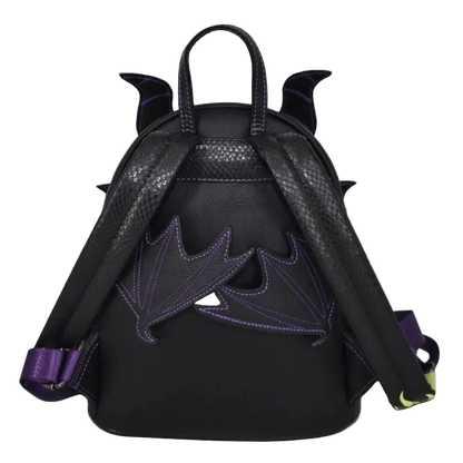 A black faux-leather backpack designed like a stylized dragon or bat, featuring textured shoulder straps, pointed ears on top, and purple embroidered wing details on the front, shown against a plain white background.