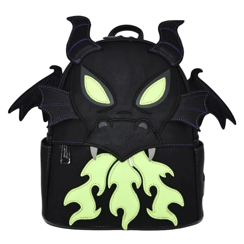 A black faux-leather backpack shaped like a dragon head, featuring glowing neon green eyes and flame-like accents, set against a plain white background.