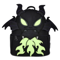 A black faux-leather backpack shaped like a dragon head, featuring glowing neon green eyes and flame-like accents, set against a plain white background.