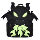 A black faux-leather backpack shaped like a dragon head, featuring glowing neon green eyes and flame-like accents, set against a plain white background.