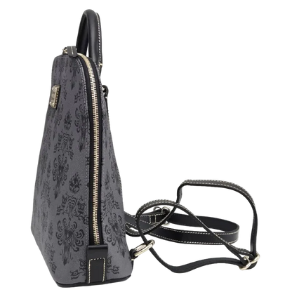 A dark gray and black damask-patterned handbag with gold-tone hardware, shown with its black shoulder strap on a light gray background.