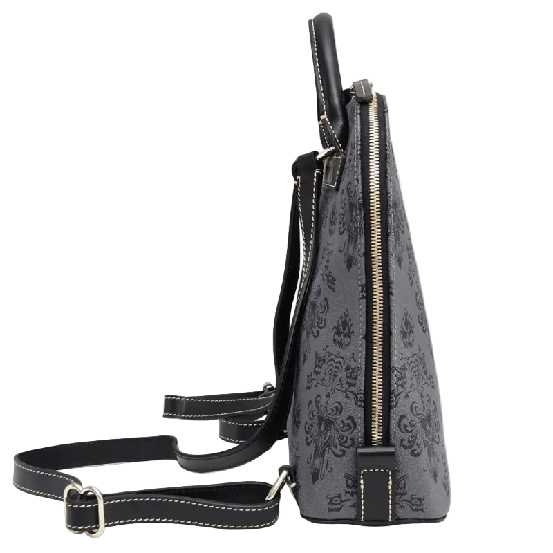 A gray and black damask-patterned handbag with black leather trim, a top handle, and a detachable shoulder strap, shown from a side profile view on a light gray background.