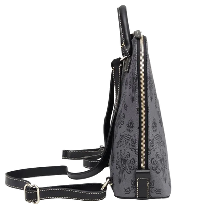 A gray and black damask-patterned handbag with black leather trim, a top handle, and a detachable shoulder strap, shown from a side profile view on a light gray background.