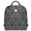A gray and black damask-patterned backpack with a top handle and a gold-tone Disney on Parade logo plaque on the front, set against a neutral gray background.