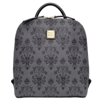 A gray and black damask-patterned backpack with a top handle and a gold-tone Disney on Parade logo plaque on the front, set against a neutral gray background.