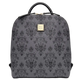 A gray and black damask-patterned backpack with a top handle and a gold-tone Disney on Parade logo plaque on the front, set against a neutral gray background.