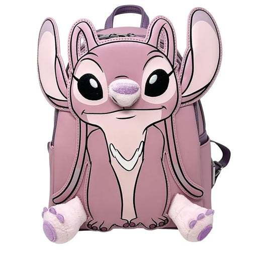 Backpack shaped like a cartoon character with a pink and purple color scheme on a white background