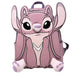 Backpack shaped like a cartoon character with a pink and purple color scheme on a white background