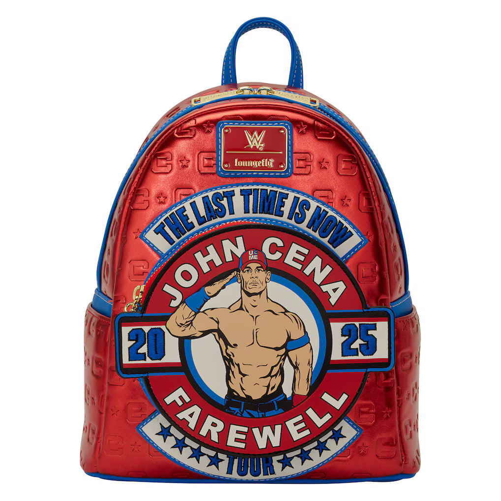 Red backpack with John Cena graphic and WWE logo on a white background