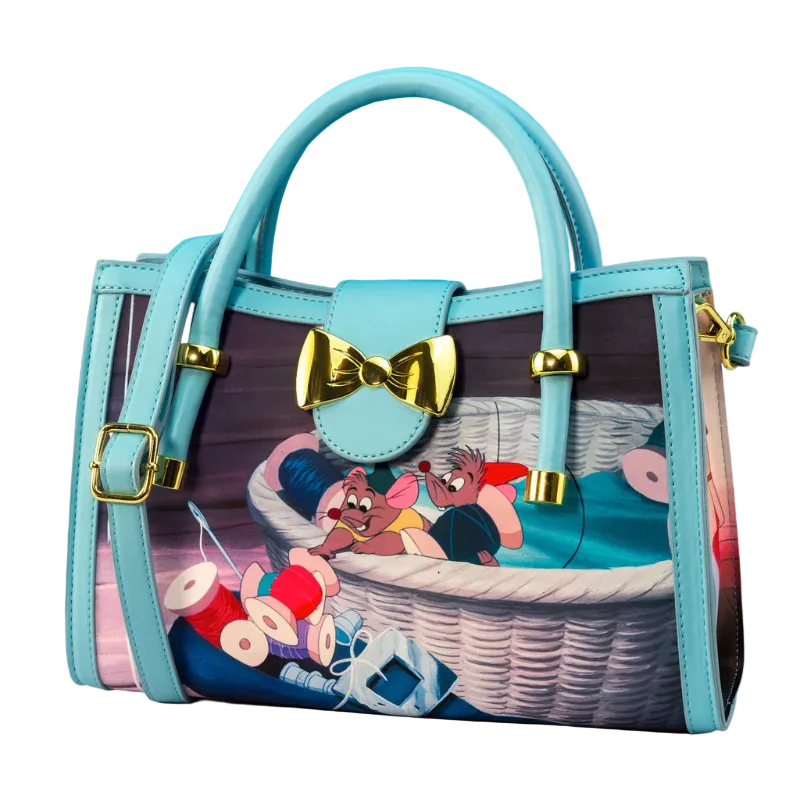 Handbag with cartoon design and gold bow on a blue background