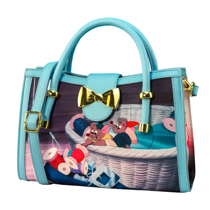 Handbag with cartoon design and gold bow on a blue background