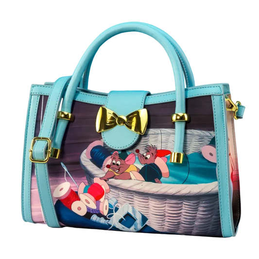 Handbag with cartoon design and gold bow on a blue background