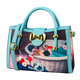 Handbag with cartoon design and gold bow on a blue background