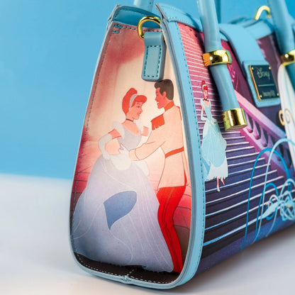 Handbag with Cinderella and Prince Charming design on a blue background