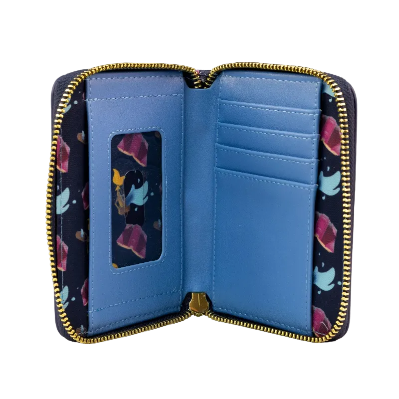 An open zip-around wallet shown from the inside, featuring a bright blue interior, gold-tone zipper trim, multiple card slots, and a dark navy patterned lining with colorful abstract shapes.