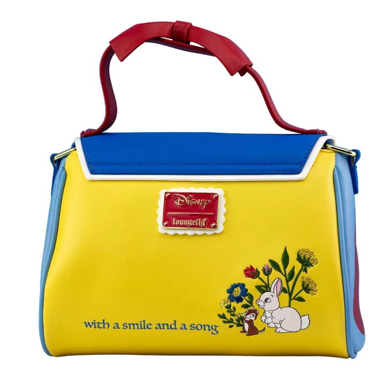 Yellow handbag with blue accents and Disney character design on a blue background