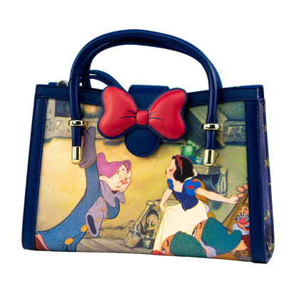 Handbag with Snow White and Seven Dwarfs design on a blue background