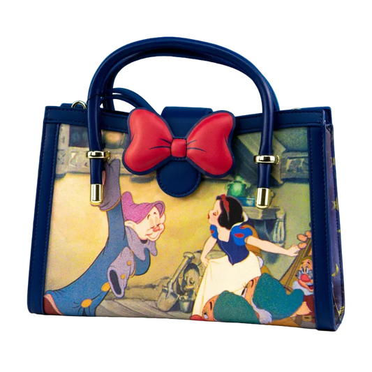 Handbag with Snow White and Seven Dwarfs design on a blue background