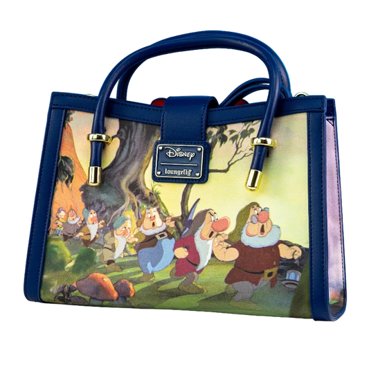 Handbag with animated character design on a blue background