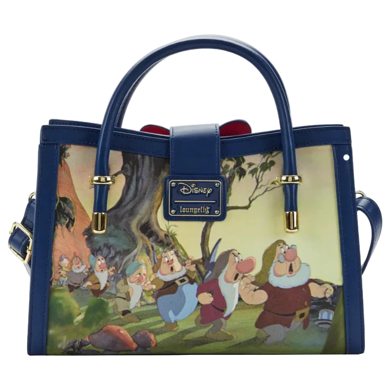 Handbag with animated scene of seven dwarfs and Disney logo, on a white background
