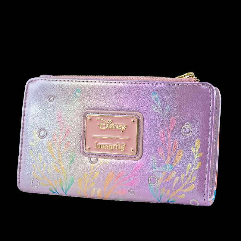 Purple wallet with coral pattern and Disney Loungefly logo on a light purple background