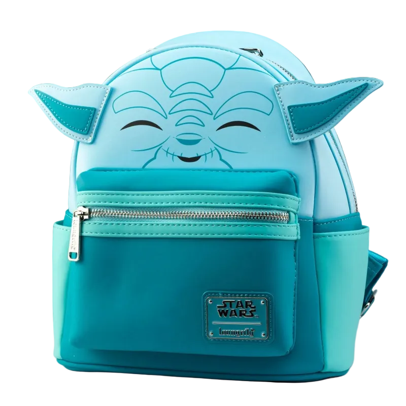 A light blue and turquoise mini backpack designed like Yoda from Star Wars, featuring embroidered facial details, side pockets, and a Star Wars Imperator patch on the front.