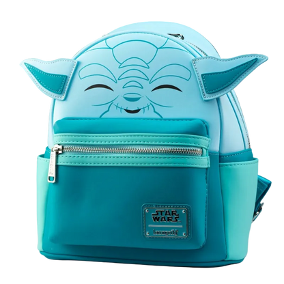 A light blue and turquoise mini backpack designed like Yoda from Star Wars, featuring embroidered facial details, side pockets, and a Star Wars Imperator patch on the front.