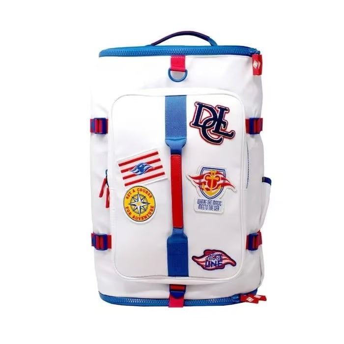 White backpack with colorful patches and branding on a white background