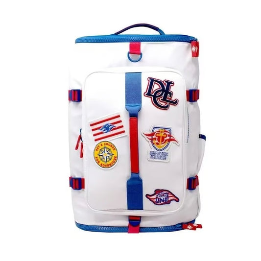 White backpack with colorful patches and branding on a white background