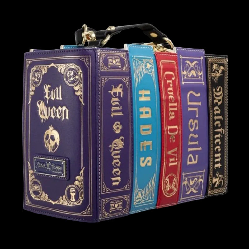 Book-shaped handbag with character names on each section