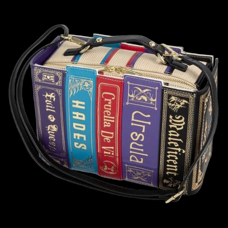 Book-themed handbag with character names on a white background