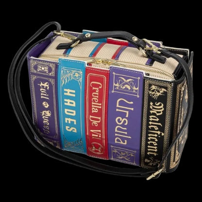 Book-themed handbag with character names on a white background