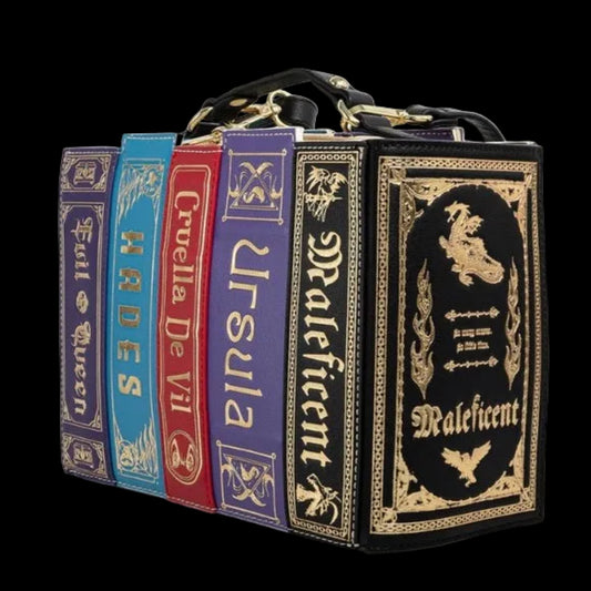 Book-shaped handbag with character names and designs on a white background