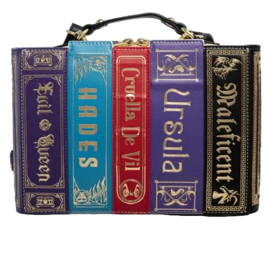 Book-shaped handbag with character names on a white background