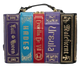 Book-shaped handbag with character names on a white background
