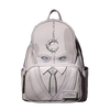 Backpack designed like a character with a helmet and visor on a dark background