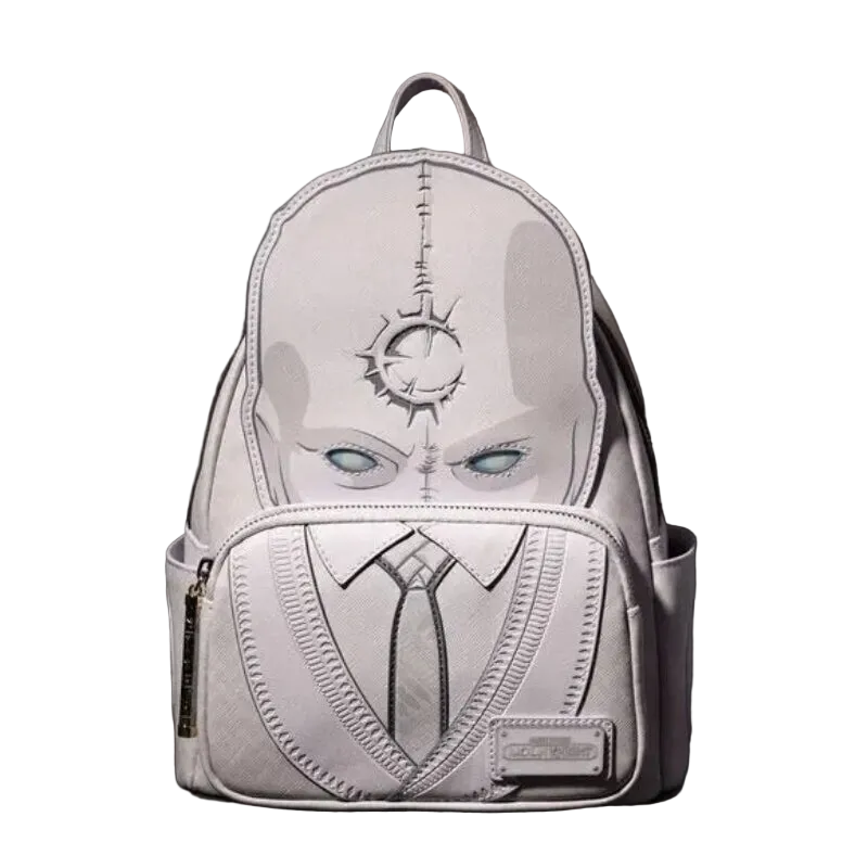 Backpack designed like a character with a helmet and visor on a dark background