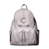 Backpack designed like a character with a helmet and visor on a dark background