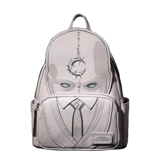 Backpack designed like a character with a helmet and visor on a dark background