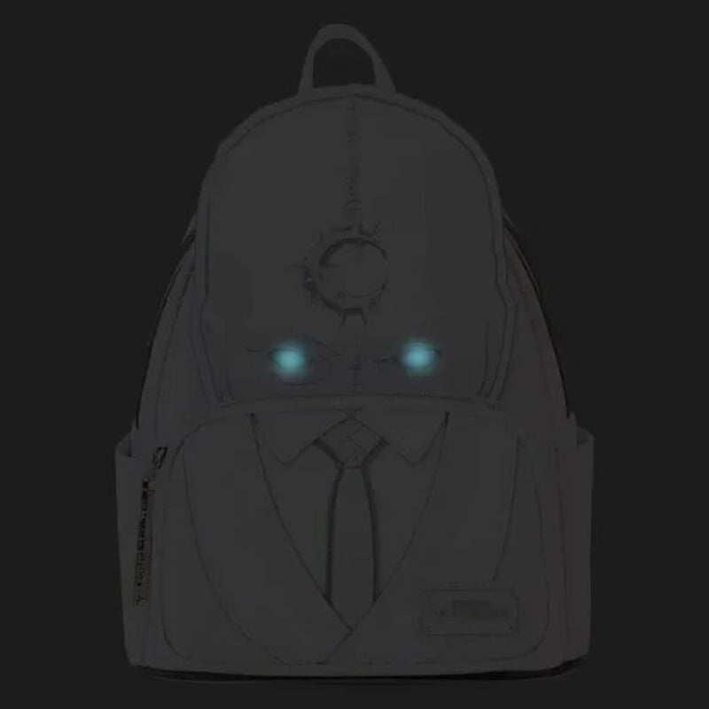 Backpack with a robot design featuring glowing eyes on a black background